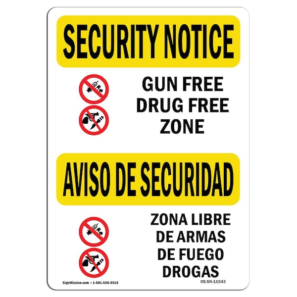 OSHA Security Sign, 7" Height, 10" Width, Aluminum, Gun Free Drug Free Zone Bilingual, Landscape